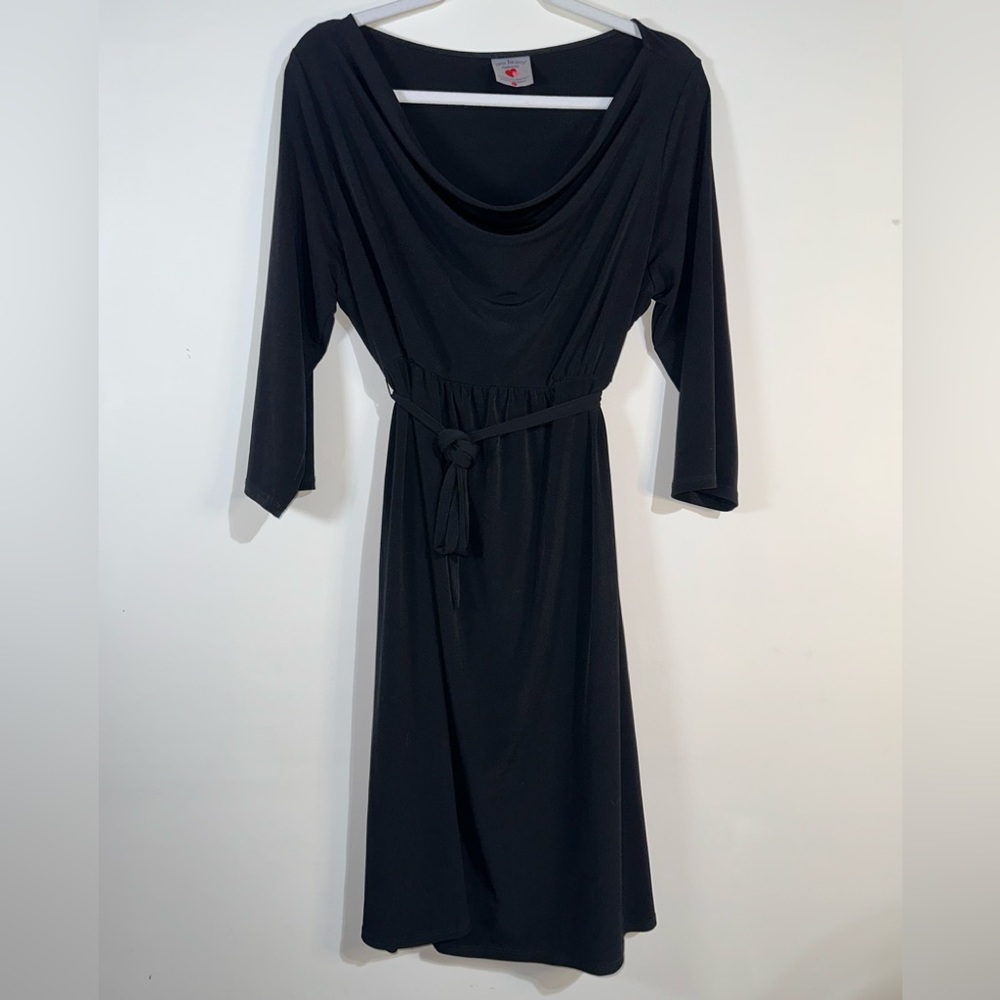 Two Hearts Maternity Classic Stretch Solid Black Dress w/ Tie Belt - Size Large
